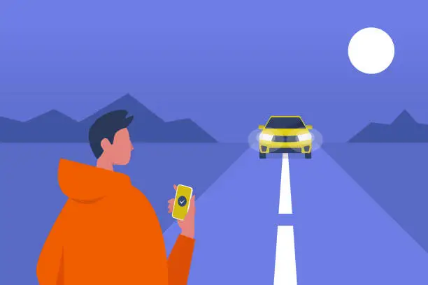 Vector illustration of Taxi service. Mobile application. Carpool. Late night. Male passenger waiting for a car. Flat editable vector illustration, clip art