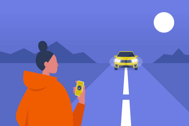 Taxi service. Mobile application. Carpool. Late night. Female passenger waiting for a car. Flat editable vector illustration, clip art Taxi service. Mobile application. Carpool. Late night. Female passenger waiting for a car. Flat editable vector illustration, clip art woman driving car night stock illustrations