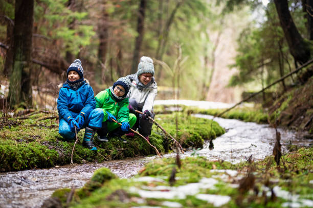 Kids hiking in winter forest. Happy kids hikers are crouching at the bank of small stream and are playing with sticksCold winter day.Nikon D850