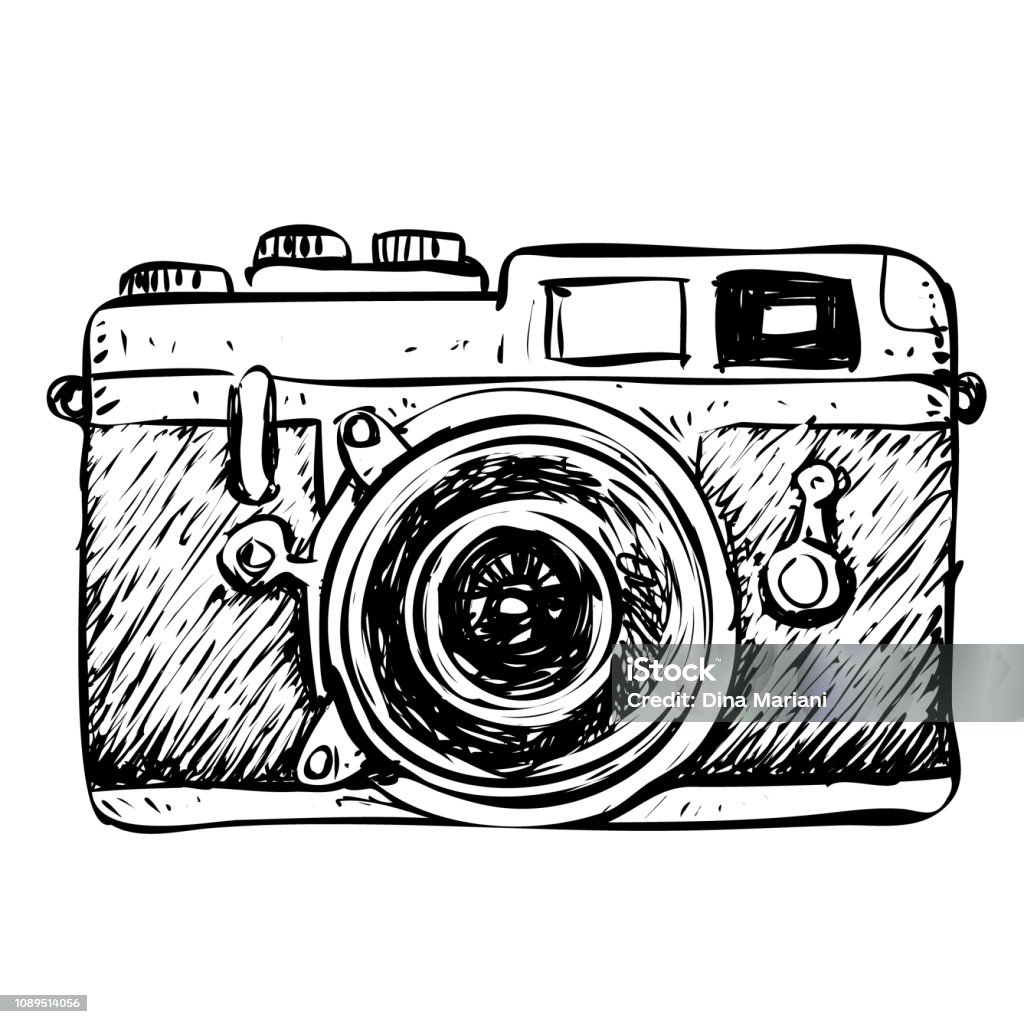 Retro Camera Doodle Vector illustration. Retro camera simple doodle design in black and white Camera - Photographic Equipment stock vector