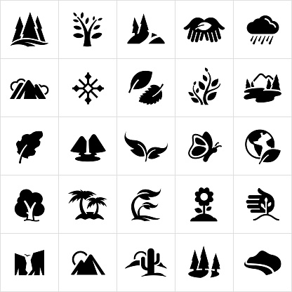 A set of common nature symbols. The icons include trees, mountains, leaves, rain, snow flake, plants, lakes, waterfall, butterfly, planet earth, palm trees, growth, flower, sprout, cliffs, canyons, sun, cactus and coast line to name a few.