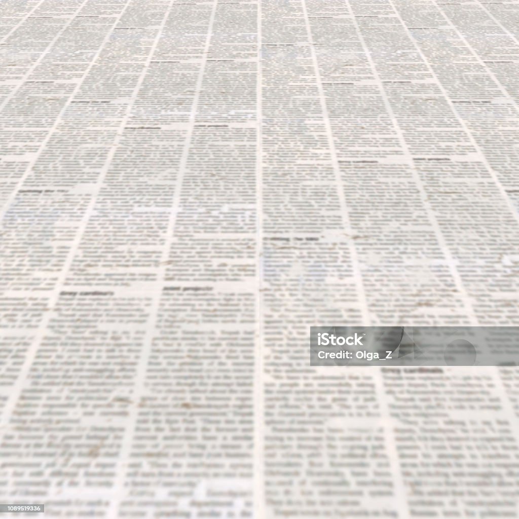 Newspaper with old vintage unreadable paper texture background Newspaper with old unreadable text. Vintage blurred paper news texture square background. Textured page. Gray beige collage. Front top view. Newspaper Stock Photo