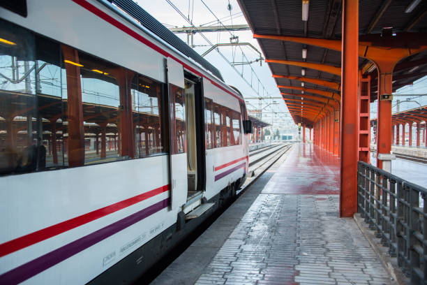 A regional train in a railroad station in Madrid, Spain