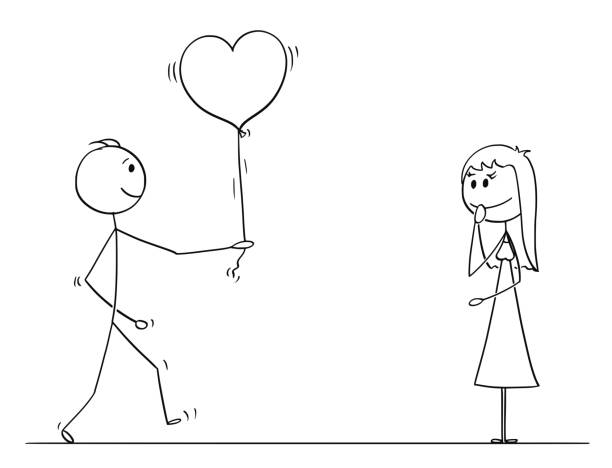 stick character cartoon of loving man or boy giving balloon heart to woman or girl on date - heart shape line art valentines day love stock illustrations