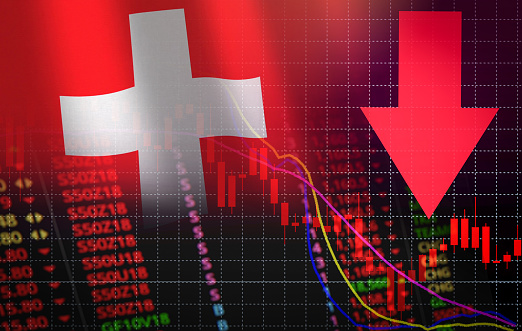 Six swiss exchange market stock crisis red market price down chart fall / Stock analysis or forex charts graph - Business and finance money crisis background red negative drop in sales economic fall