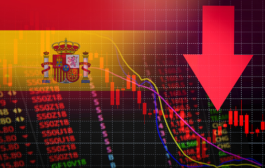 Spain Stock Exchange market crisis red market price down chart fall / Stock analysis or forex charts graph Business and finance money crisis red negative drop in sales economic fall