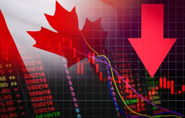 Photo of Canada Stock Exchange market crisis red market price down chart fall Business and finance money crisis background red negative drop in sales economic fall