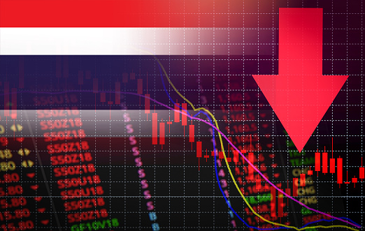 Thailand Stock Exchange market crisis red market price down chart fall / Stock analysis or forex charts graph Business and finance money crisis red negative drop in sales economic fall