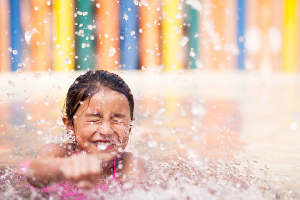 istock Little Girl playing alone in the pool 1089523584