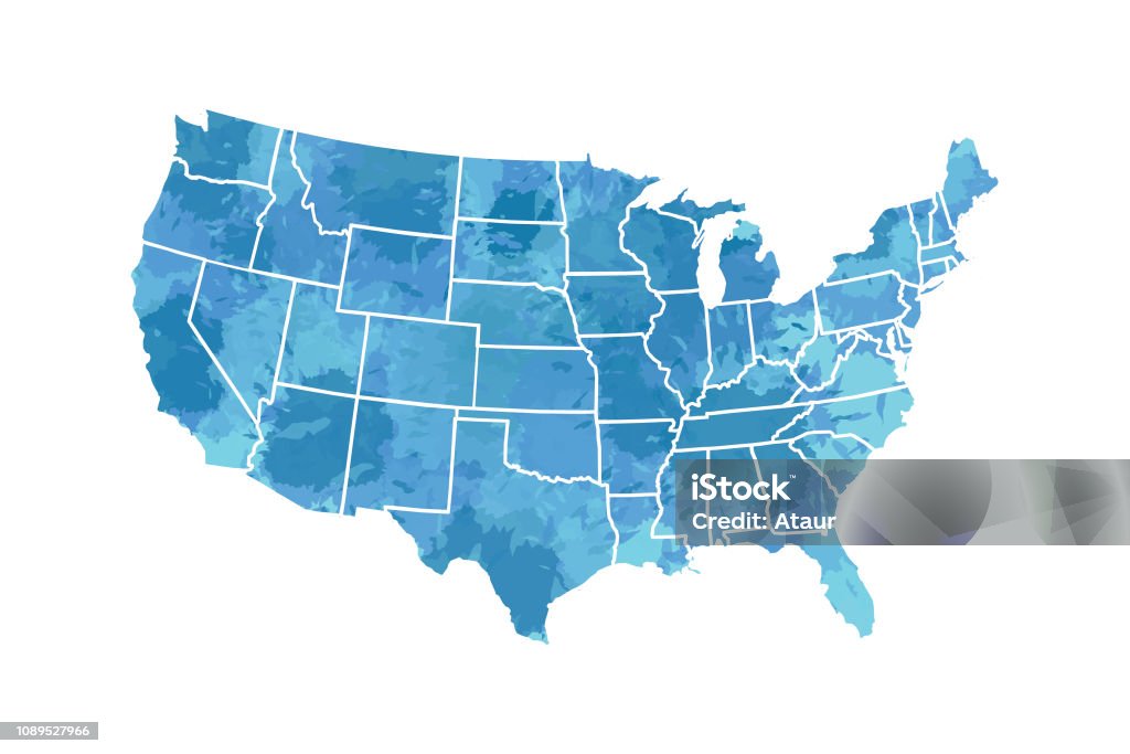 Aquarell USA Karte Vektor in der Farbe Blau Malerei mit Grenzen der Staaten auf weißem Hintergrund illustration - Lizenzfrei USA Vektorgrafik