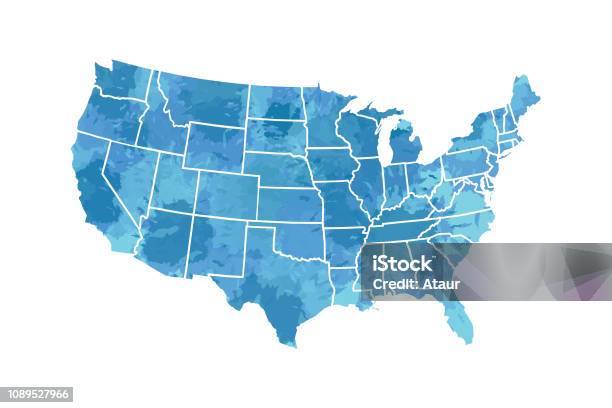 Aquarell Usa Karte Vektor In Der Farbe Blau Malerei Mit Grenzen Der Staaten Auf Weißem Hintergrund Illustration Stock Vektor Art und mehr Bilder von USA