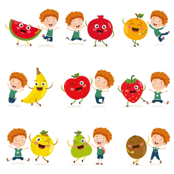 만화 캐릭터의 벡터 일러스트 레이 션 - apple eating healthy eating friendship stock illustrations