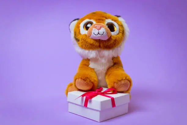 Photo of Toy Tiger sits on a white gift box with a Red Ribbon on a purple background