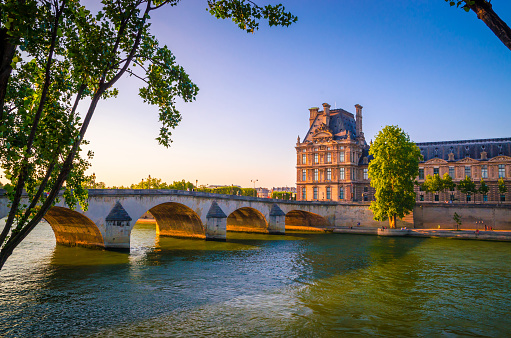 Paris cityscape : Saint Michel bridge on Seine River in foreground and parisian tenement in background. Paris in France.