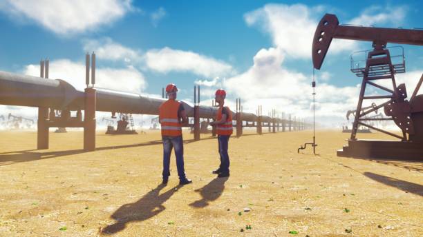 Oilmans talking near the pipeline on a Sunny day on the background of oil pumps. 3D Rendering Oilmans talking near the pipeline on a Sunny day on the background of oil pumps. oil field stock pictures, royalty-free photos & images