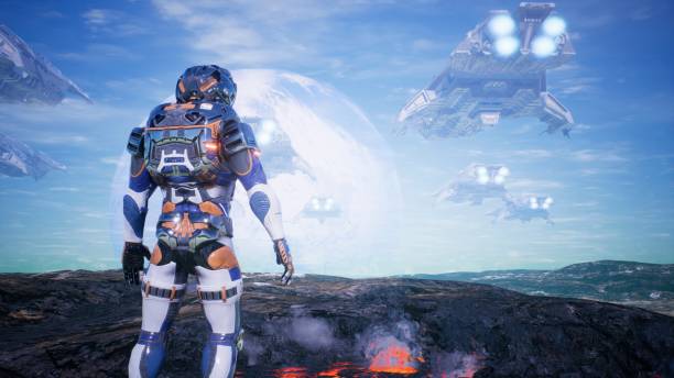 istock Astronaut on the planet under study is watching the armada of spacecraft. 3D Rendering 1089543938