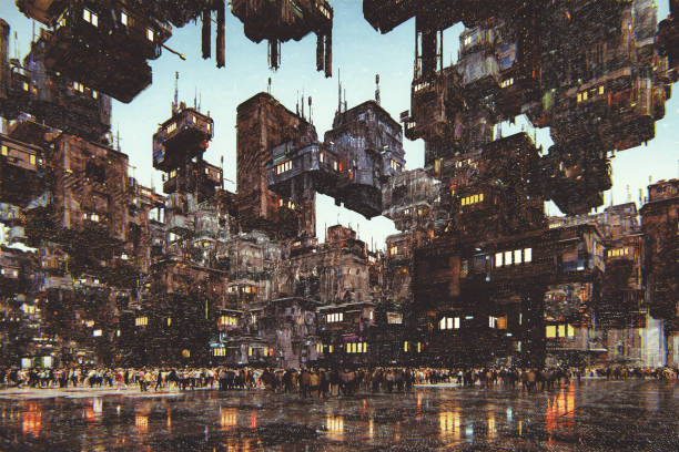 futurystyczne miasto z dużą ilością budynków - brudny ilustracje zdjęcia i obrazy z banku zdjęć