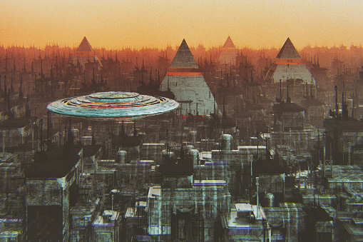 Flying UFO over futuristic cityscape. This is entirely 3D generated image.