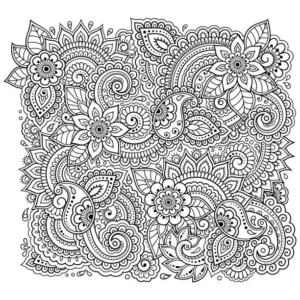 Vector illustration of Outline floral pattern for coloring book page. Antistress for adults and children. Doodle ornament in black and white. Hand draw vector illustration.