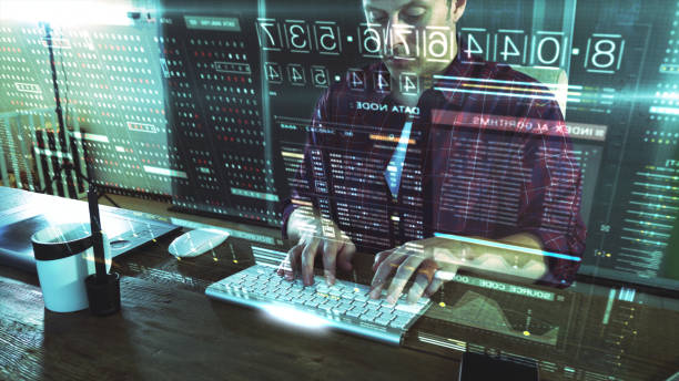 사이버 공격 - computer language hologram men computer hacker 뉴스 사진 이미지