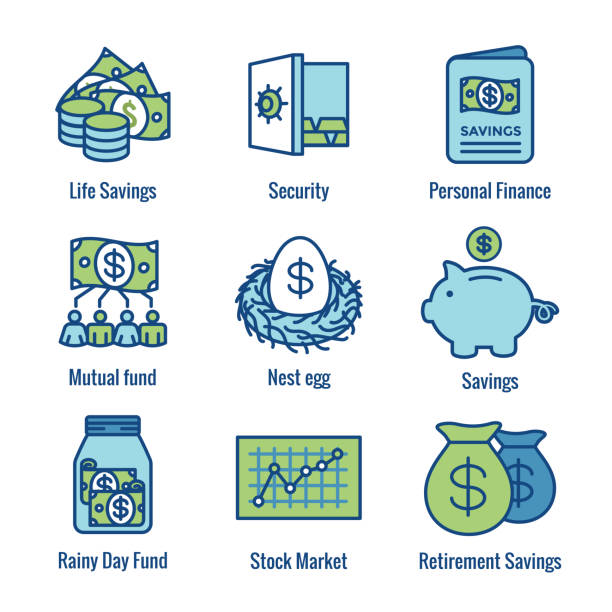 퇴직 계정과 저축 아이콘 세트 w 뮤추얼 펀드, 로스 ira, 등 - mutual fund stock illustrations