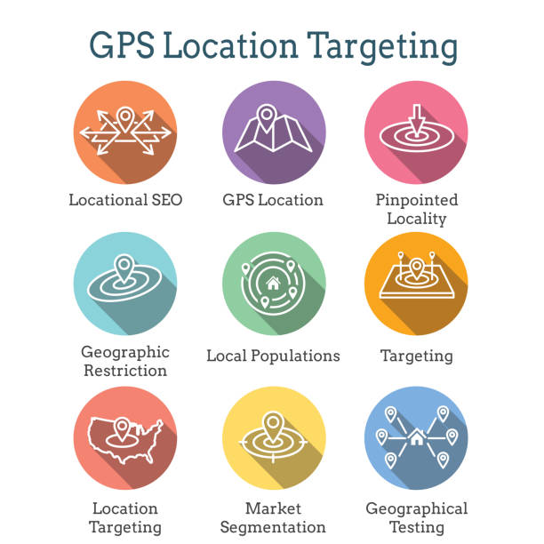 Geo Location Targeting with GPS Positioning and Geolocation Icon Set Geo Location Targeting - GPS Positioning and Geolocation Icon Set geo locator stock illustrations
