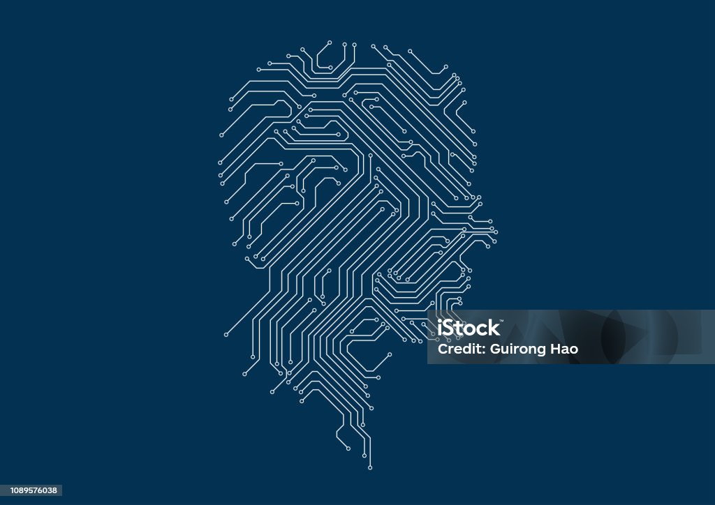Tecnología de conexión, transmisión de datos y almacenamiento, circuito compuesto de cabeza humana - arte vectorial de Abstracto libre de derechos