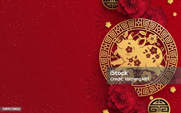 Ilustración de Diseño De Año Del Cerdo Feliz y más Vectores Libres de Derechos de Fondo rojo - Fondo rojo, Año nuevo chino, Cultura china