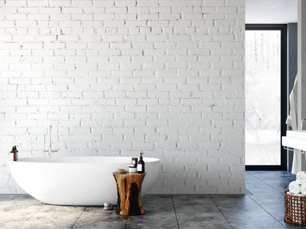 istock Bathroom interior. Wall mockup. Wall art. 3d rendering, 3d illustration. 1089581888