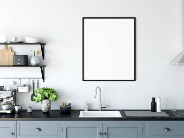Frame mockup. Kitchen interior. Wall mockup. Wall art. 3d rendering, 3d illustration. Perfect for Branding your creation or business. Interior Frame Mockups good to use for shop owners, artists, creative people, bloggers, who want to advertise or show their latest design! cake models stock pictures, royalty-free photos & images