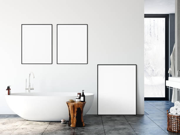 istock Frame mockup. Bathroom interior. Wall mockup. Wall art. 3d rendering, 3d illustration. 1089587008