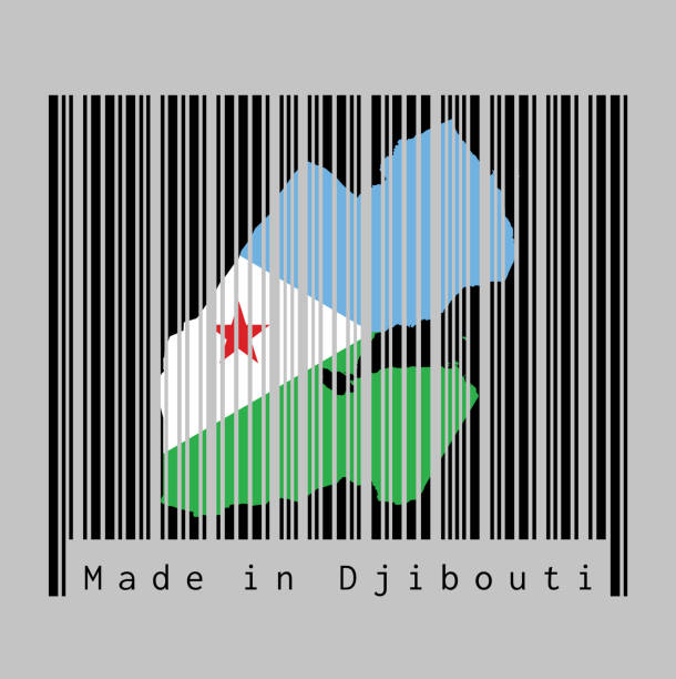 ilustrações de stock, clip art, desenhos animados e ícones de barcode set the shape to djibouti map outline and the color of djibouti flag on black barcode with grey background. - symbol sign vector republic of djibouti