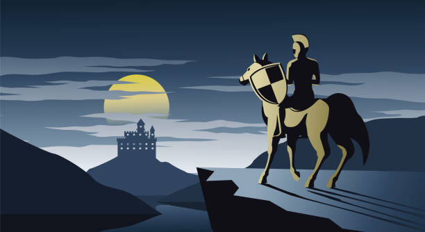 ilustrações de stock, clip art, desenhos animados e ícones de knight on horseback stand on cliff look to castle and try to go there,silent and scary night,silhouette design - silent night illustrations