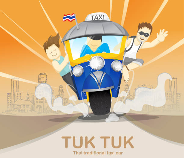 ilustrações de stock, clip art, desenhos animados e ícones de tourism on tuk tuk driving to travel, journey trips, adventure, transportation,thailand - jinrikisha thailand tuk transportation