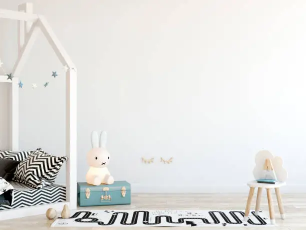 Photo of Wall mockup. Child's room interior. Scandinavian style. 3d rendering, 3d illustration.