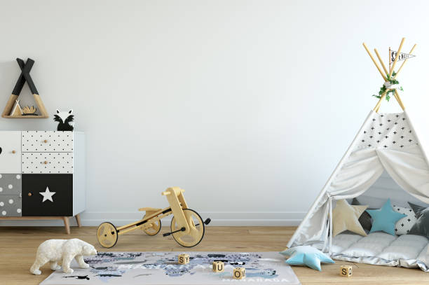 istock Wall mockup. Child's room interior. Scandinavian style. 3d rendering, 3d illustration. 1089589080