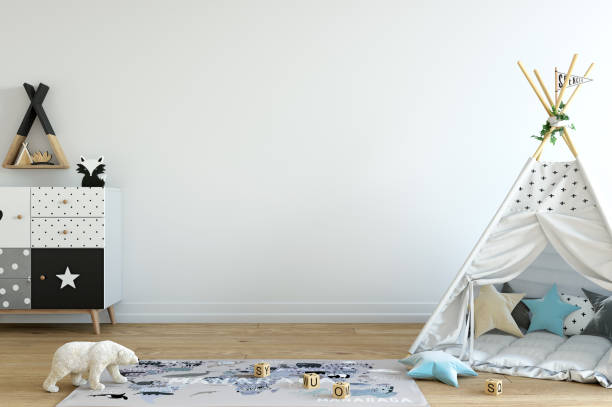 istock Wall mockup. Child's room interior. Scandinavian style. 3d rendering, 3d illustration. 1089589082