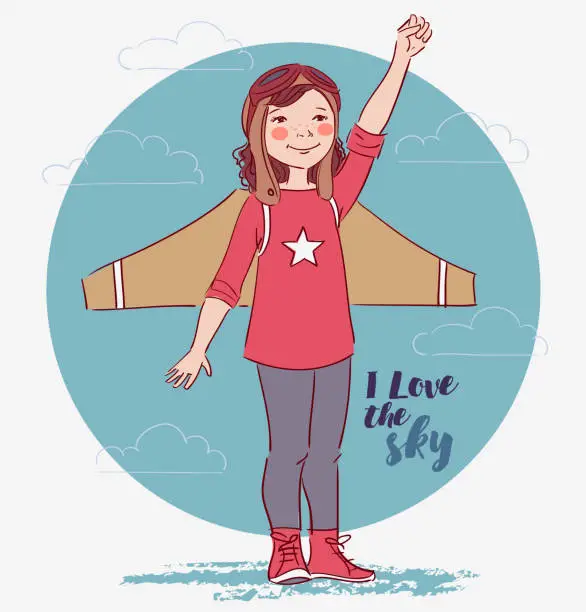 Vector illustration of Little girl dreaming of becoming a pilot