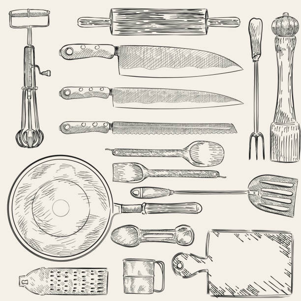 Illustration of a set of kitchen utensils Illustration of a set of kitchen utensils kitchen knife illustrations stock illustrations