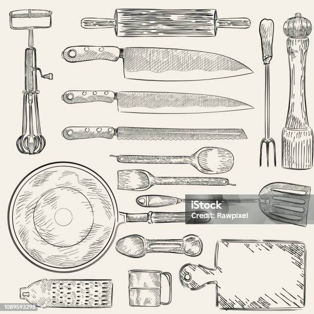 Illustration Of A Set Of Kitchen Utensils Stock Illustration - Download Image Now - Kitchen Knife, Retro Style, Old-fashioned