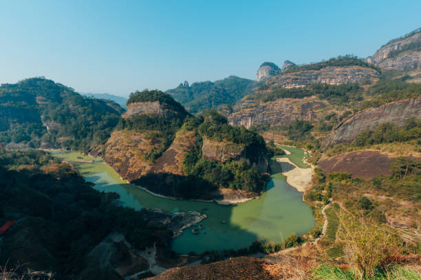 Fujian Wuyishan Tian Youfeng overlooks Jiuqu Xi also known as the nine bend river stock photo
