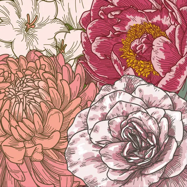 Vector illustration of Vintage Line Art Floral Background