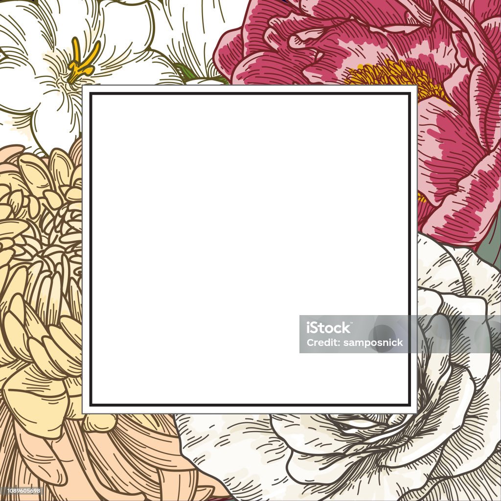 Vintage Line Art Floral Background Some beautiful coloured line artwork florals, clipped into a square frame for your compositions. As a bonus, each flower head is a complete (grouped) illustration for your use. Picture Frame stock vector