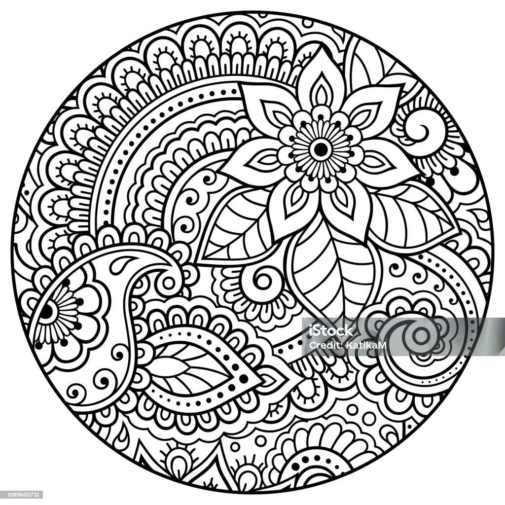 Outline round floral pattern for coloring book page. Antistress for adults and children. Doodle ornament in black and white. Hand draw vector illustration. Abstract stock vector