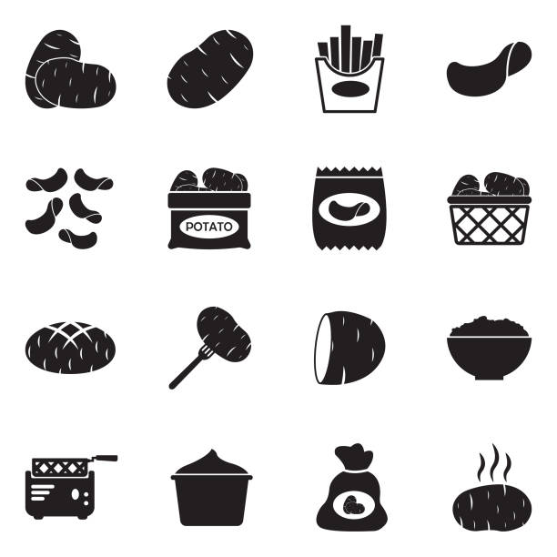 ilustrações, clipart, desenhos animados e ícones de ícones de batata. projeto liso preto. ilustração em vetor. - puré de batata