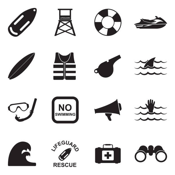 Beach Lifeguard Icons. Black Flat Design. Vector Illustration. Aid, Baywatch, Rescue, Safe buoy stock illustrations