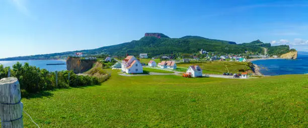 Panoramic view of the Perce village, at the tip of Gaspe Peninsula, Quebec, Canada