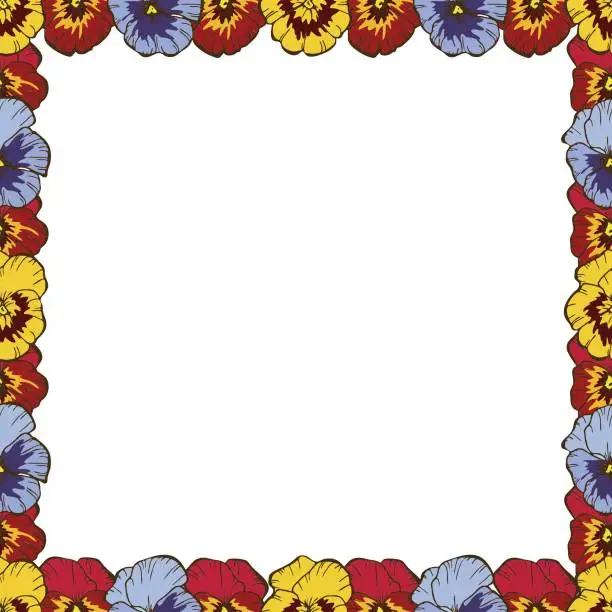 Vector illustration of Frame of flowers. Beautiful frame of colorful pansies. Ready template for your design, vector illustration.