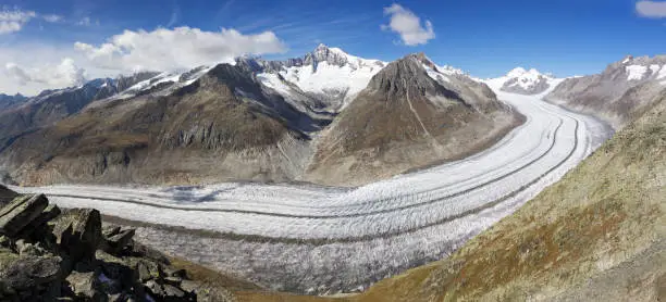 Great Aletsch Glacier panorama in Swiss Alps, canton of Valais, Switzerland,  UNESCO heritage (large stitched file)