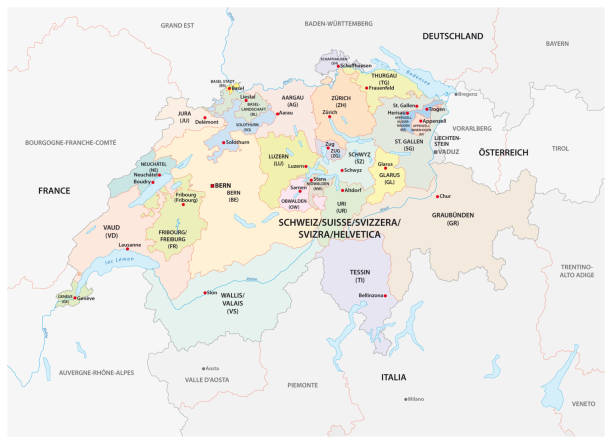 ilustraç�ões, clipart, desenhos animados e ícones de mapa do vetor administrativos e políticos da suíça - liechtenstein